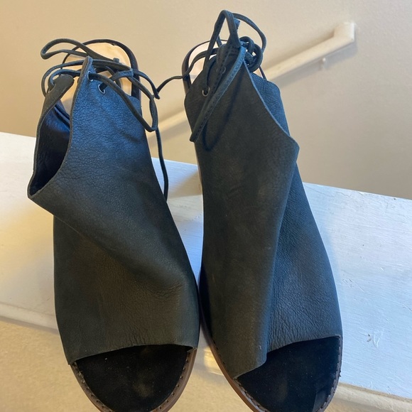 2 FOR $20 Nine West Pinsento Black Suede Leather Lace Up Back Peep Toe Booties - Picture 2 of 7